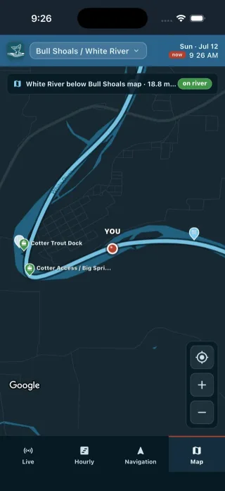 Map view: White River course below Bull Shoals with access points, Cotter Trout Dock, and your position on the river