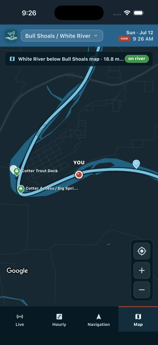 Map view: White River course below Bull Shoals with access points, Cotter Trout Dock, and your position on the river